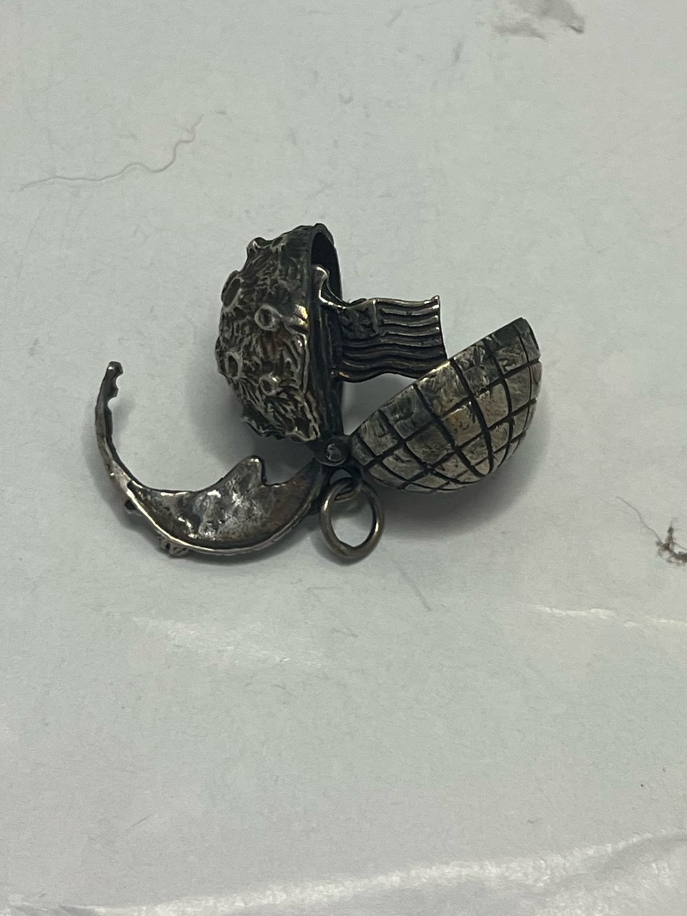 Vintage 1960s sterling Silver moon face landing space charm opens USA flag